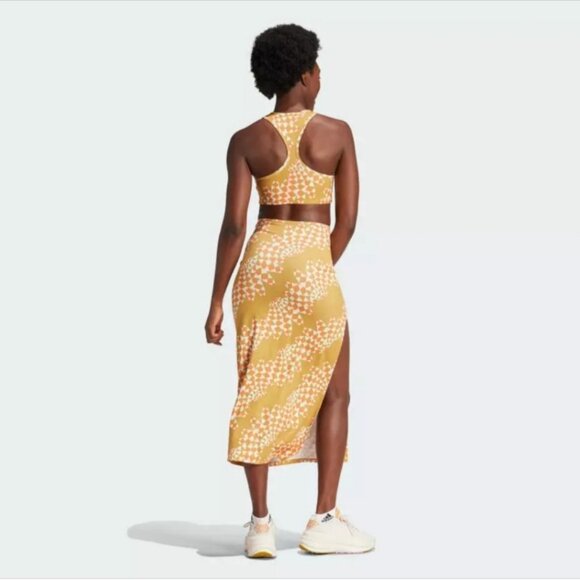 NWT Farm Rio x Adidas Psychedelic Wave Victory Gold Sporty Midi Dress Size Small - Picture 2 of 9